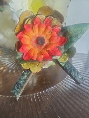 Hand Crafted Genuine Leather Red Orange Flower Dog Collar Charm NEW